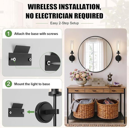 MOKATNG Battery Operated Wall Sconce Set of 2，Black Wireless Rechargeable Wall Lighting Fixtures with Remote Control，Dimmable Wall Light for Bathroom ，Vanity, Living Room, Bedroom, Hallway, Stairway