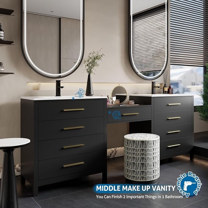 eclife 84" Bathroom Vanity Sink Combo, Modern Painted Vanities Storage Cabinet with 24" Mid Makeup Vanity Desk, 30" Dual White Basins, Faucets & Drains, Black