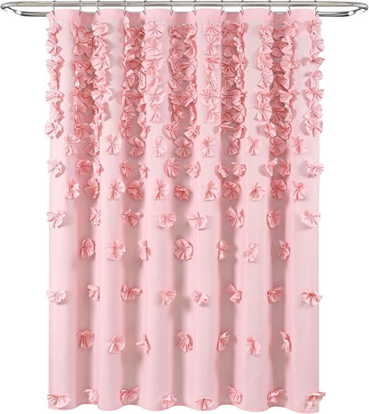 Lush Decor Riley Shower Curtain, 72" W x 72" L, Pink - Bathroom Curtain - Coquette Decor - Bow Shower Curtains - Cottage Core - Fabric Shower Curtains