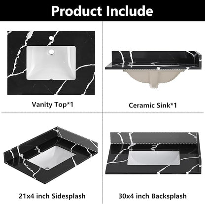 30 in. W x 22 in D Quartz Vanity Top in Black Marquina,with One Sidesplash & One Backsplash, Vanity Sink Top with Assembled Single Drop-in Sink, Pre-Drilled Single Faucet Hole Countertop
