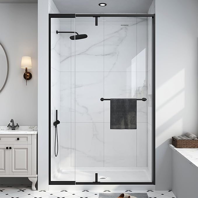 36-42" W x 72" H Semi Frameless Pivot Shower Door Matte Black | 1/4"(6mm) SGCC Tempered Glass with Explosion-Proof Film &Nano Coating,Customizable Width
