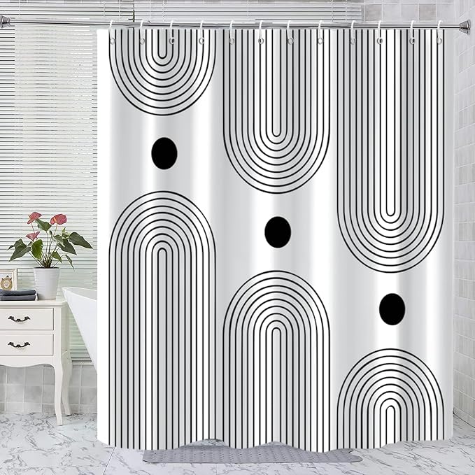 White and Black Extra Long Shower Curtain, Boho Minimalist Mid Century Modern Arch Geometric Machine Washable Waterproof Fabric for Bathroom Bathtub with Hooks 72Wx84H