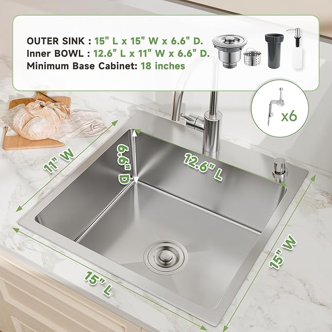 15 inch Drop In Bar Sink, 15x15" Single Bowl Topmount Stainless Steel Handmade 16 Gauge Top Counter for Wet Bar RV Outdoor Small Kitchen Sink Basin Silvery
