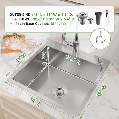 15 inch Drop In Bar Sink, 15x15" Single Bowl Topmount Stainless Steel Handmade 16 Gauge Top Counter for Wet Bar RV Outdoor Small Kitchen Sink Basin Silvery