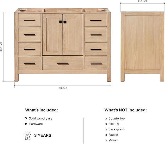 ARIEL Cambridge 48-inch Bathroom Vanity Base Cabinet,Solid Wood, 2 Soft Closing Doors, 9 Dovetail Drawers, White Oak
