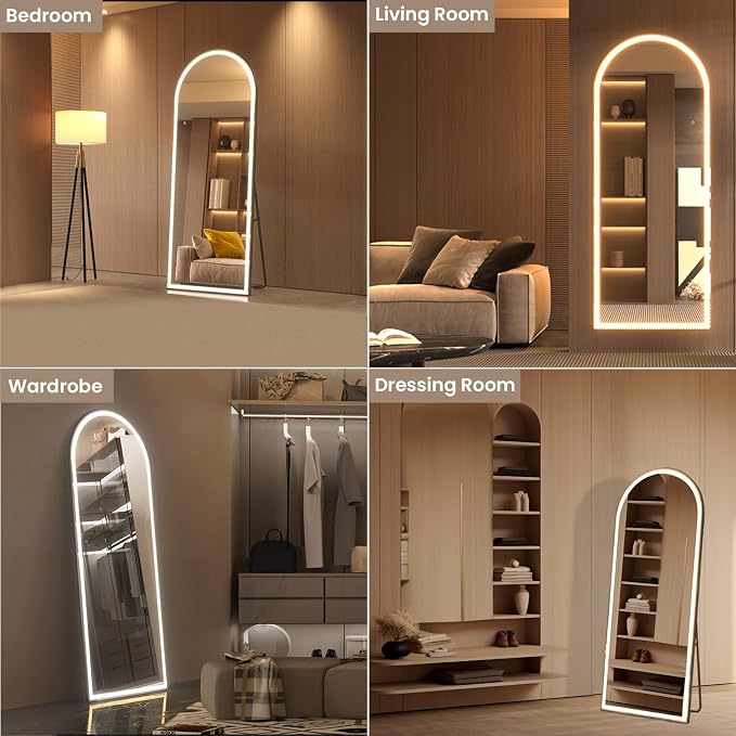 pertetey 81 x 34 in Arched LED Full Length Mirror, Black Frame | Dimmable, 3 Color Modes, Floor or Wall Mounted