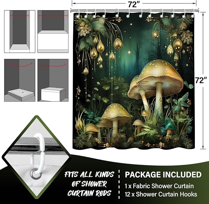 Fantasy Green Mushroom Shower Curtains,Funny Plant Botanical Bath Curtains,Mushroom Bathroom Decor,Funny Waterproof Polyester Natural Bathroom Curtain Decor,72x72 Inch