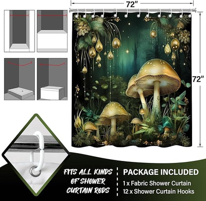 Fantasy Green Mushroom Shower Curtains,Funny Plant Botanical Bath Curtains,Mushroom Bathroom Decor,Funny Waterproof Polyester Natural Bathroom Curtain Decor,72x72 Inch