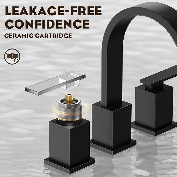 8 Inch Widespread Waterfall Matte Black Bathroom Faucet,3 Hole Vanity Faucet with Pop Up Drain and Water Supply Line, WF011-MB