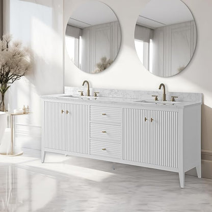 Vanity Art 72 inch Bathroom Vanity with Double Sink & Ceramic Top, Vanity Cabinet with Soft-Closing Door, Solid Wood Frame, Linear Pattern, White, Golden Brushed Handware VA91726-DW-GB