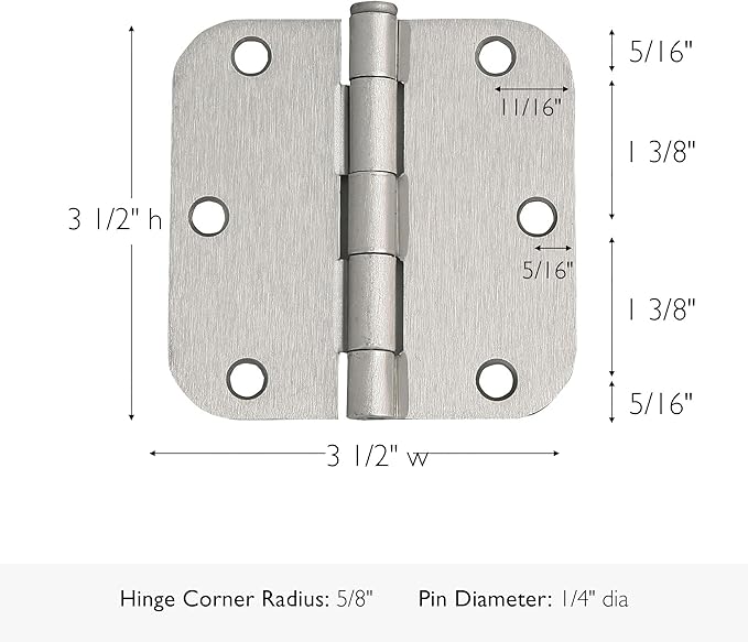 Design House Door Hinge, 3.5 in x 3.5 in, 5/8 in Radius, Interior, Rounded Steel, Removable Pin, Pre-Lubricated, Easy to Install, Satin Nickel Finish, 9 Pack, 191122