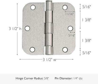 Design House Door Hinge, 3.5 in x 3.5 in, 5/8 in Radius, Interior, Rounded Steel, Removable Pin, Pre-Lubricated, Easy to Install, Satin Nickel Finish, 9 Pack, 191122