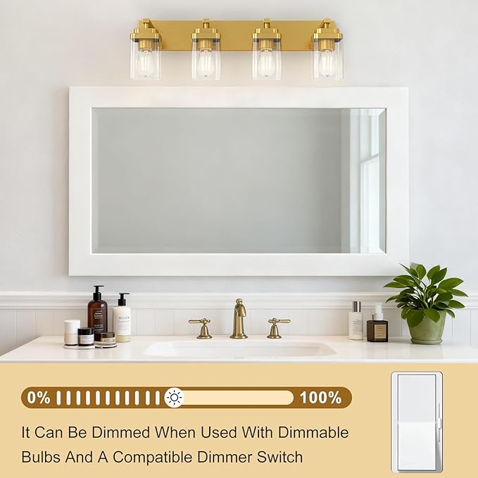 Brushed Gold Bathroom Light Fixtures, 4 Lights Bathroom Lighting Fixtures Over Mirror, Square Design & Rectangle Large Backplate, Modern Vanity Lighting Fixtures, for Living Room/Bedroom