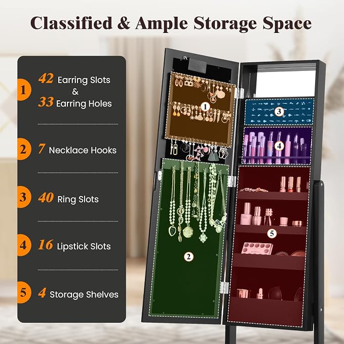 Jewelry Armoire with 18 LED Lights, Freestanding Jewelry Organizer with Full-length Mirror, Large Storage Mirrored Jewelry Cabinet with 16 Lipstick Holders, for Bedroom, Dressing Room (Black)