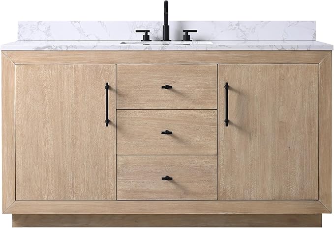 HOMEBEYOND 60" Bathroom Vanity with Single Sink & Ceramic Top, MDF Material Vanity Cabinet with Basin Combo, Soft-Closing Doors, Removable Shelf, Backsplash