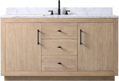 HOMEBEYOND 60" Bathroom Vanity with Single Sink & Ceramic Top, MDF Material Vanity Cabinet with Basin Combo, Soft-Closing Doors, Removable Shelf, Backsplash