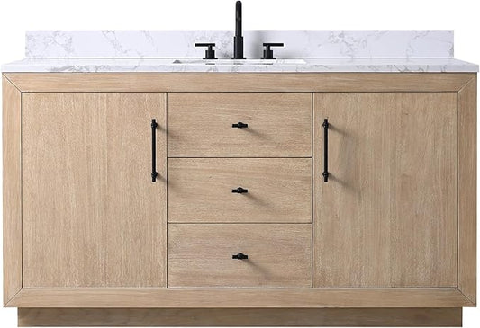 HOMEBEYOND 60" Bathroom Vanity with Single Sink & Ceramic Top, MDF Material Vanity Cabinet with Basin Combo, Soft-Closing Doors, Removable Shelf, Backsplash