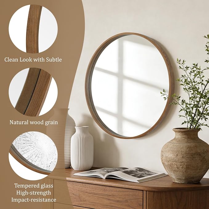 Wood Round Mirror with Wood Frame 24 inch Circle Wall Mirror for Bathroom Round Wall Mirror for Wall Decor, Vanity, Entryway Living Room (Walnut)