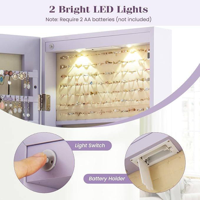 NAFORT 2 LEDs Full Length Mirror with Jewelry Armoire, Jewelry Organizers and Storage with 2 Mounting Options, 47.5”H Jewelry Cabinet with 2 Drawers, Make up & Lockable Jewelry Box, Purple