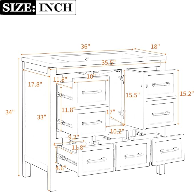 Merax 36 Inch White Bathroom Vanity with Sink,Modern Bathroom Sink Cabinet 36" with 5 Drawers & Storage Cabinet,Spacious Integrated Countertop,Gold Handles,Soft Closing,Solid Wood Frame
