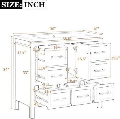 Merax 36 Inch White Bathroom Vanity with Sink,Modern Bathroom Sink Cabinet 36" with 5 Drawers & Storage Cabinet,Spacious Integrated Countertop,Gold Handles,Soft Closing,Solid Wood Frame