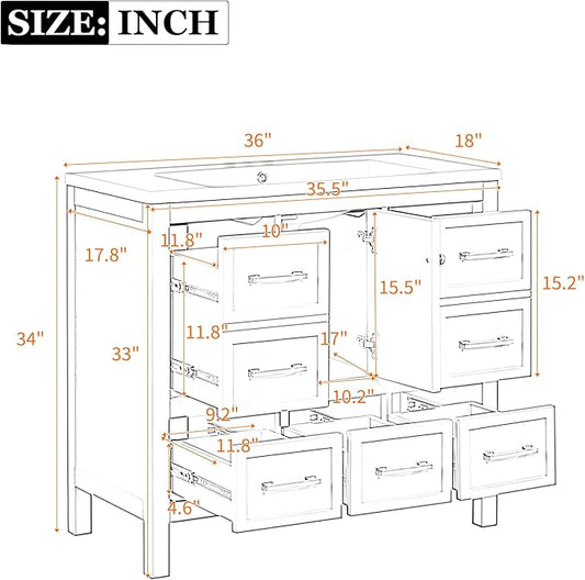 Merax 36 Inch White Bathroom Vanity with Sink,Modern Bathroom Sink Cabinet 36" with 5 Drawers & Storage Cabinet,Spacious Integrated Countertop,Gold Handles,Soft Closing,Solid Wood Frame