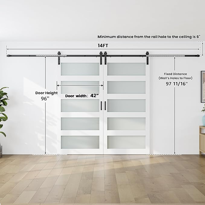 SMARTSTANDARD Double 42×96 Glass Barn Door with Sliding Hardware Kit | Pre-Drilled Ready to Assemble, Waterproof PVC Coating, 5-Panel Glass, White