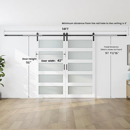 SMARTSTANDARD Double 42×96 Glass Barn Door with Sliding Hardware Kit | Pre-Drilled Ready to Assemble, Waterproof PVC Coating, 5-Panel Glass, White