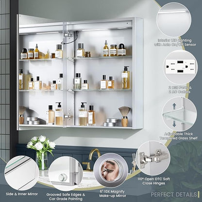24x30 Inch Lighted Medicine Cabinet with Mirror, AL Alloy Frame, Plug-in or Hardwired, Recessed or Surface Mount, 3 Colors/Dimmable/Interior Sensor Light/Defog, 2 Outlets & USBs, 2 Shelves
