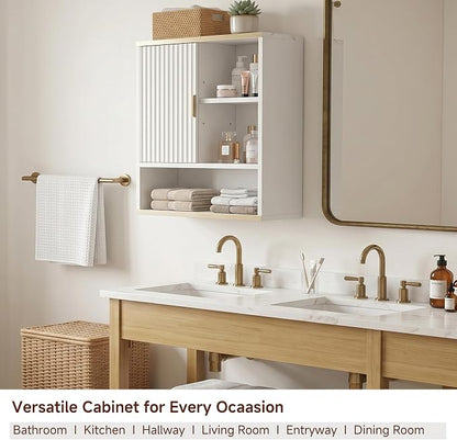 Bathroom Wall Cabinet Fluted,Medicine Cabinet Over Toilet Storage Cabinet | Fernitry Farmhouse Wall Mounted Storage Cabinet Organizerwith Adjustable Shelf, Wood White Gold 23.33''Wide