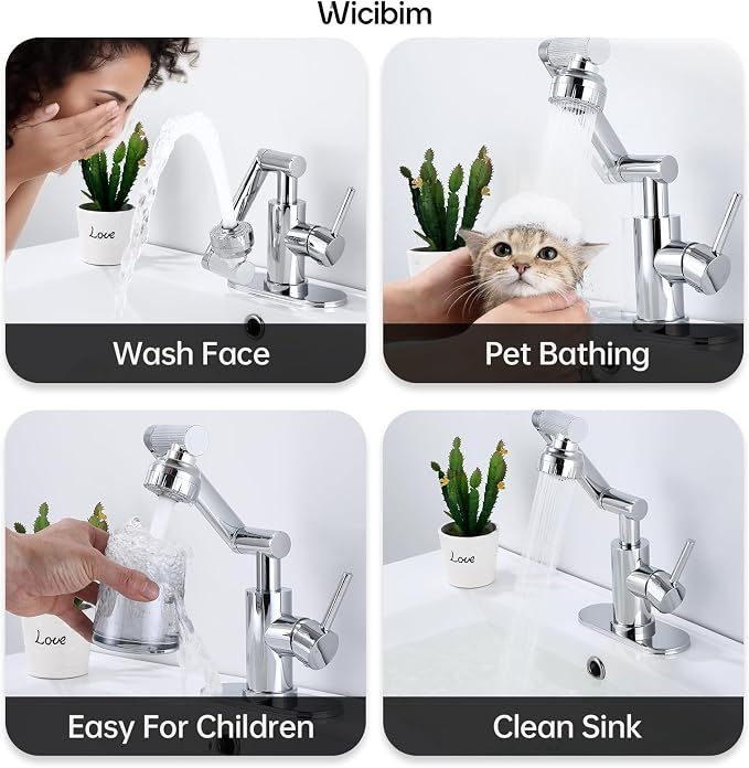 Wicibim Chrome Bathroom Sink Faucet, Stainless Steel 1080° Rotatable, Single Handle, 1 or 3 Hole, 2 Water Outlet Modes with Hot and Cold Hoses,Swivel Faucet