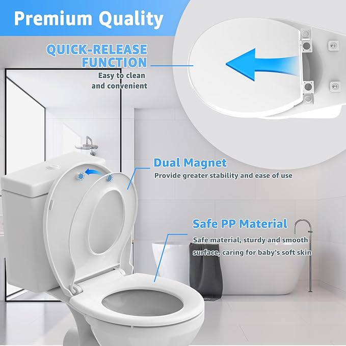 Toilet Seat Round with Toddler Seat 16.5 Inch & Quick Release - Quick Connect, Potty Training Toilet Seat Soft Close, PP Material Safe & Easy Clean, Firm Accessories Stay Tight, White Plastic