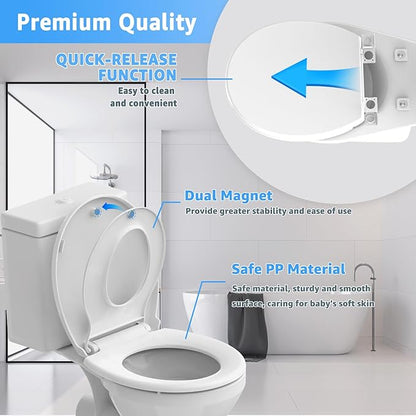 Toilet Seat Round with Toddler Seat 16.5 Inch & Quick Release - Quick Connect, Potty Training Toilet Seat Soft Close, PP Material Safe & Easy Clean, Firm Accessories Stay Tight, White Plastic