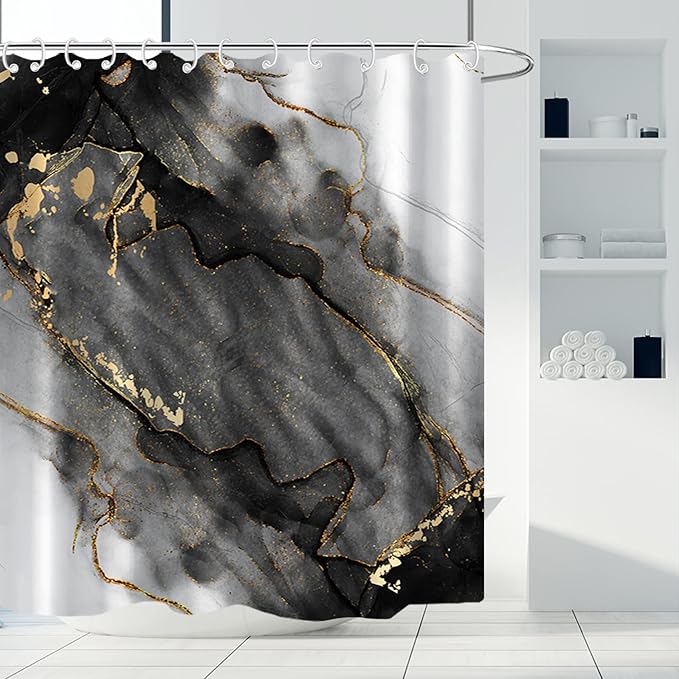 AWERT Dreamy Ink Art Black Glod Marble Shower Curtain for Bathroom Modern High Definition Printing Waterproof Shower Curtain with Hooks Bathroom Decor 72x72inch