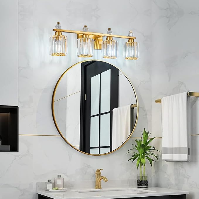 Bathroom Vanity Lights 4-Light Gold Modern Crystal Vanity Light Fixtures Over Mirror Crystal Bathroom Vanity Lighting Fixtures