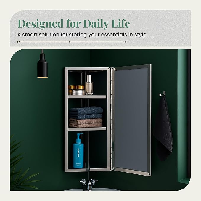 Renovators Supply Infinity Corner Medicine Cabinet with Mirror - Triple Shelf Storage Cabinet - Modern Wall Mount Medicine Cabinet - 23.6 in., Left Open, Polished Stainless Steel, Pack of 2