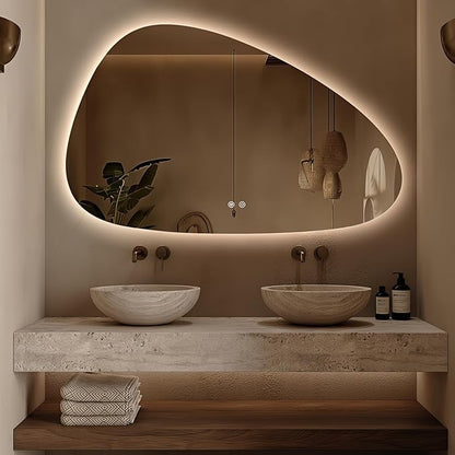 Niccy Irregular LED Bathroom Mirror, Frameless Backlit Wall Mirror, 30"x48" | Asymmetrica Lighted Mirror for Bedroom Living Room, Modern Smart-Mirror with 3 Color Lighting, Anti-Fog, Memory Function
