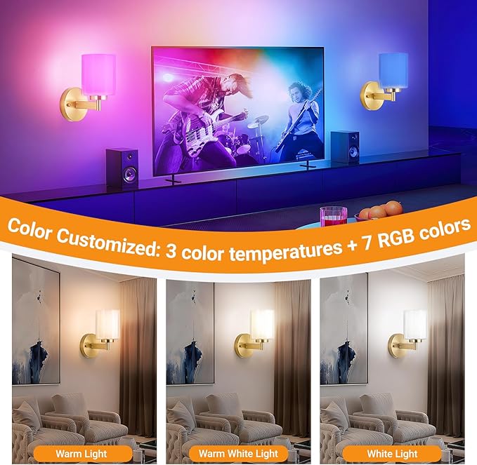 Battery Operated Wall Sconce Set of 2, Wireless Wall Sconce with Remote,10000mAh Rechargeable RGB Dimmable Bathroom Light Fixtures with Double Clear Glass Shade NOT Hardwired