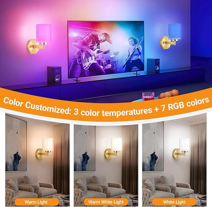 Battery Operated Wall Sconce Set of 2, Wireless Wall Sconce with Remote,10000mAh Rechargeable RGB Dimmable Bathroom Light Fixtures with Double Clear Glass Shade NOT Hardwired