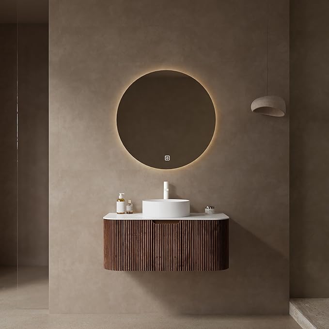 36'' Floating Vanity with Sink Combo, Modern Wall-Mounted Curved Edges Striped Bathroom Storage Cabinet with Soft-Close Drawer and White Artificial Marble Basin, Dark Walnut