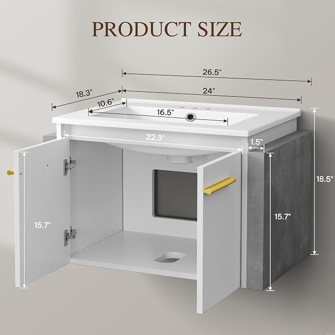 YITAHOME 24 Inch Floating Bathroom Vanity with Sink, Wall Mounted Modern Bathroom Vanity, Bathroom Cabinet Vanity with Double Extra Large Doors
