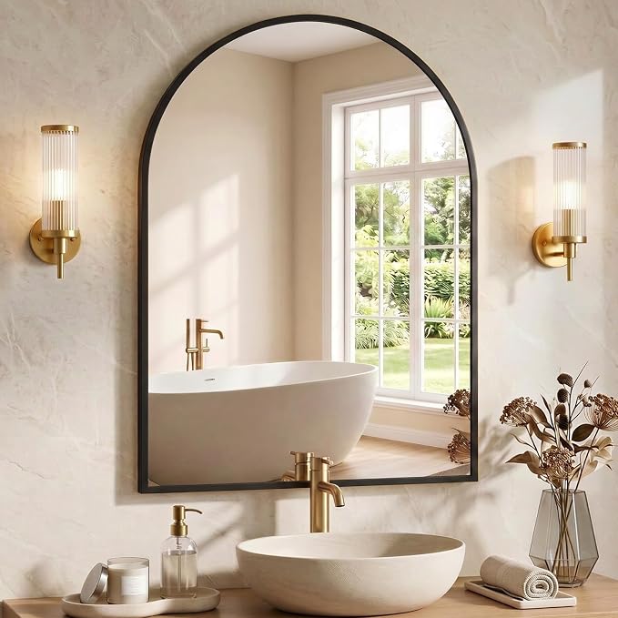 NEWBULIG 38"X30" Arched Bathroom Mirror for Over Sink, Wall Vanity Mirror | Tempered Glass, Anti-Rust Arched Metal Framed, Hanging or Leaning, Farmhouse Home Decor, Black