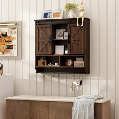 RUSTOWN Farmhouse Bathroom Wall Cabinet,3-Tier Rustic Wood Wall Mounted Cabinets,Vintage Medicine Cabinet with Sliding Barn Door and Adjustable Shelves,Over The Toilet Storage Cabinet (Dark Walnut)