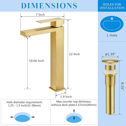 Tohlar Gold Bathroom Faucet, Single Hole Vanity Sink Faucet with Drain | Brushed Gold Bathroom Sink Faucet, Single Handle Faucet with Pop Up Drain and Water Supply Lines, Stainless Steel