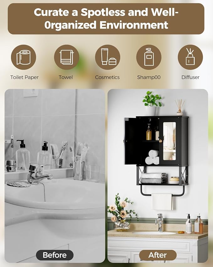 BEWISHOME Bathroom Medicine Cabinet Mirror with Towel Bar, Black | Wall Mounted Cabinet with Adjustable Shelf Hooks, Space-Saving Over-Toilet for Bathroom, Living Room, 7.1x15.4x24.4 Inches