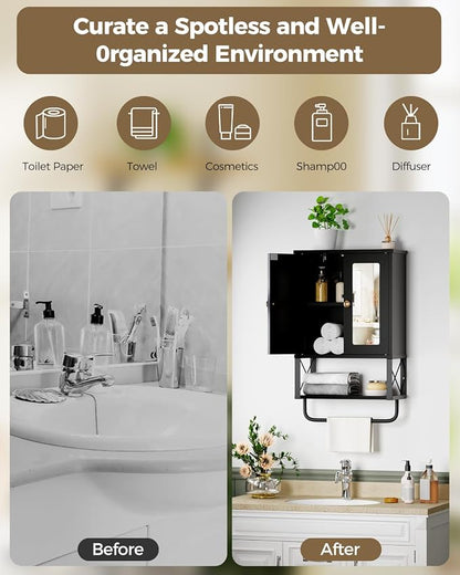 BEWISHOME Bathroom Medicine Cabinet Mirror with Towel Bar, Black | Wall Mounted Cabinet with Adjustable Shelf Hooks, Space-Saving Over-Toilet for Bathroom, Living Room, 7.1x15.4x24.4 Inches