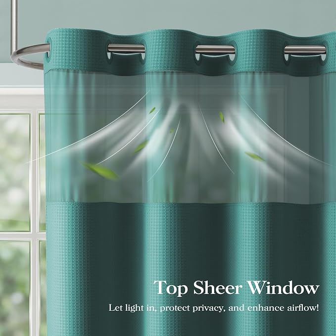 Seaweed Green Hook Free Waffle Shower Curtain & Snap Liner,72x75 | Less Time to install, 3 in 1 Fabric Shower Curtain and Liner Set with Magnets, Mesh Top Window, Shower Curtains for Bathroom