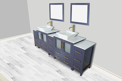 Vanity Art 96 Inch Vessel Double Sink Bathroom Vanity Cabinet with 2 Mirrors, Engineered Marble Top Bathroom Cabinet Compact Set with 13 Dovetail Drawers and Soft Closing Doors, VA3130-96B