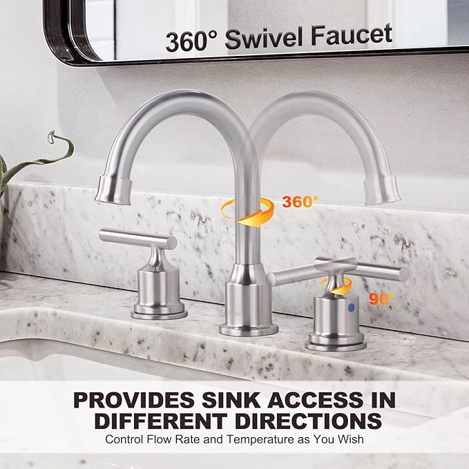 WOWOW Widespread Bathroom Faucet Brushed Nickel Bathroom Sink Faucet 8 inch Vanity Tap 2 Handle 3 Holes Deck Mount Taps with Drain