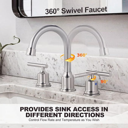 WOWOW Widespread Bathroom Faucet Brushed Nickel Bathroom Sink Faucet 8 inch Vanity Tap 2 Handle 3 Holes Deck Mount Taps with Drain